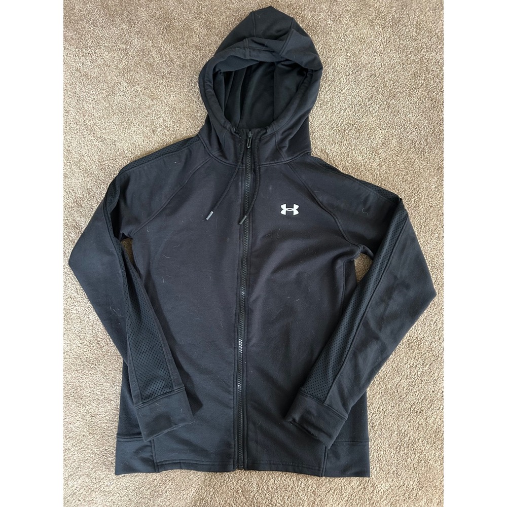 Under Armour Women Black Full Zip Hoodie Mesh Sleeve Fitted Sweatshirt Size M